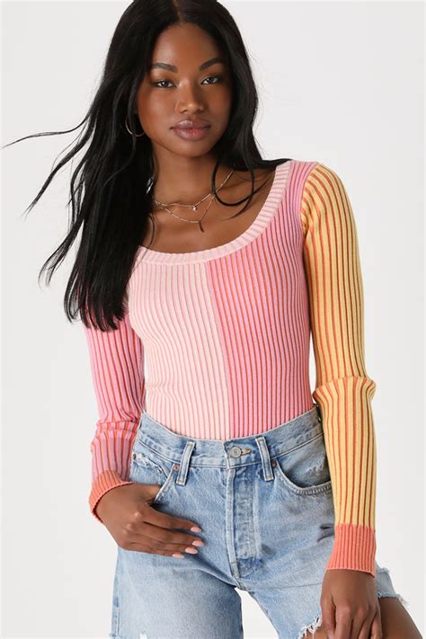 Pink Color Block Bodysuit Ribbed Knit Top Scoop Neck Bodysuit Lulus