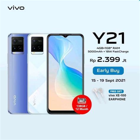 Jual Vivo Y21 RAM 4GB 1GB ROM 64GB 5000mAh 18W Garansi Resmi