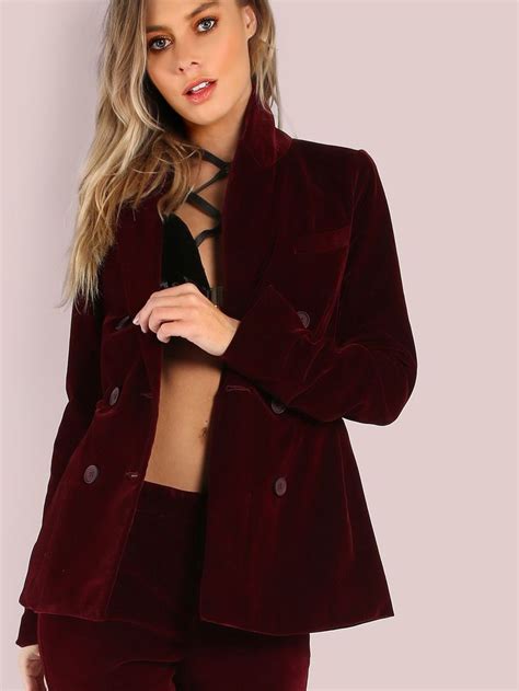 Shop Double Breasted Tailored Velvet Blazer Burgundy Online Shein Offers Double Breasted