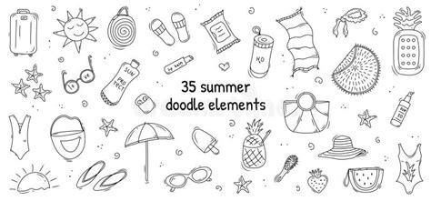 Conjunto De Doodle De Adorables Elementos Vectoriales De Verano Lonchas De Equipaje Bikini