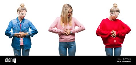 Collage de belle jeune femme blonde sur fond isolé avec la main sur l estomac l indigestion car