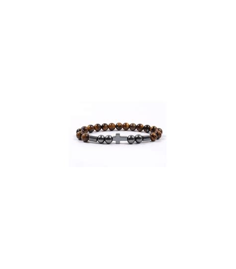 Pulsera Hematite Con Cruz Y Ojo De Tigre Bolas Mm Para Hombre