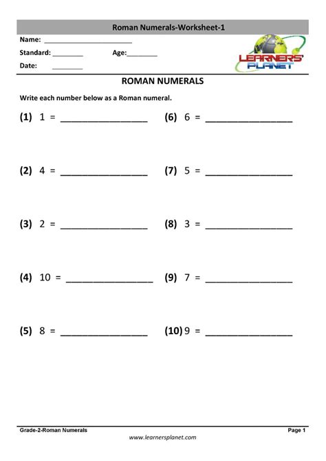 Grade 2 Roman Numerals Worksheets Printable