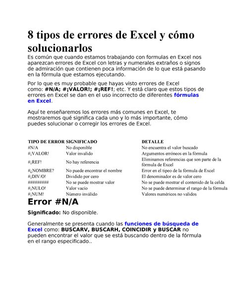 Tipos De Errores De Excel Y C Mo Solucionarlos Tipos De Errores