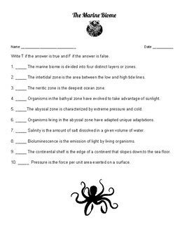 Marine Biology: Marine Biome Zones Reading W/ Questions & Vocabulary