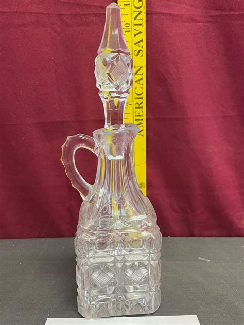 Vintage Pressed Glass Oil Or Vinegar Cruet Decanter W Stopper