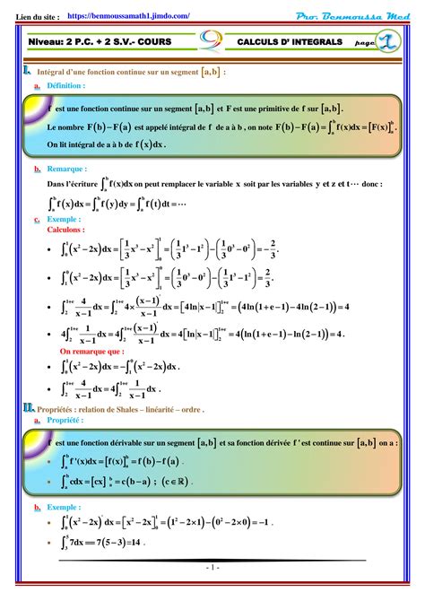 Solution Cours Calcul Integral 2bac Sciences Physiques Et Svt 1