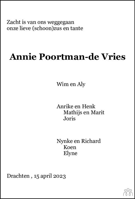 Antje Annie Poortman De Vries Overlijdensbericht En