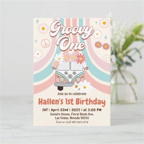 Groovy One Retro Daisy Rainbow First Birthday Invitation Zazzle