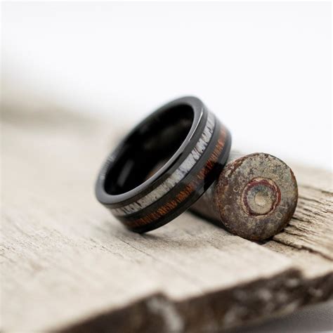 Black Tungsten Ring Deer Antler And Koa Wood Inlay Wedding Etsy