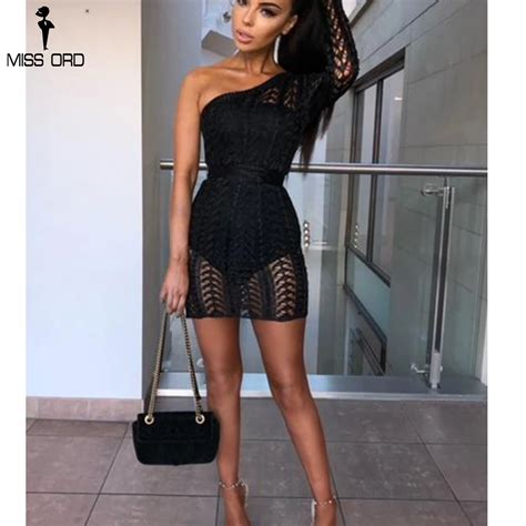 Missord 2019 Sexy One Shoulder Irregular Neck Dress Female Hollow Out Bodycon Party Dress Tb0024