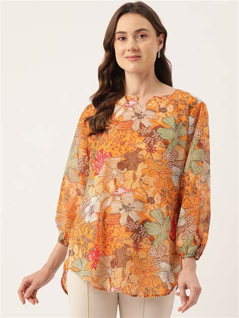 Buy Sleek Italia Floral Printed Notched Neck Puff Sleeve Georgette Top