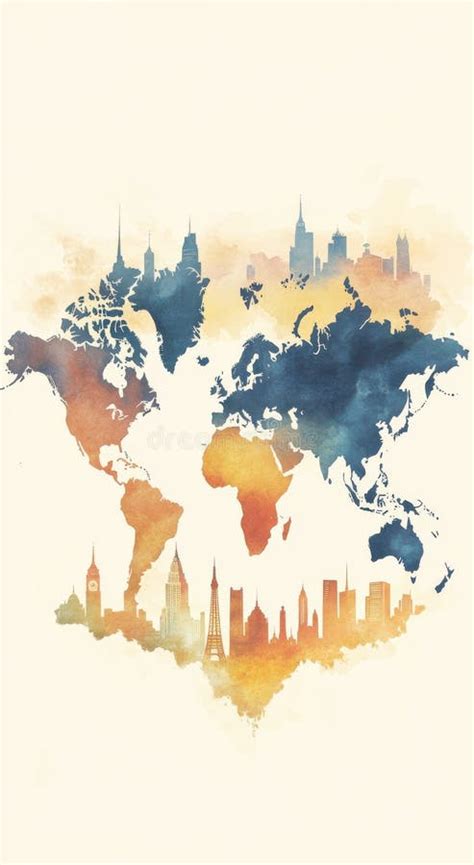 Minimalist Watercolor World Map Illustration Featuring Iconic City