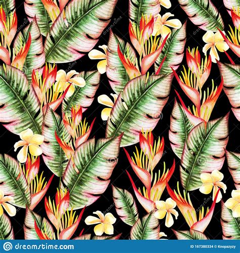 Beautiful Watercolor Seamless Pattern With Tropical Leaves And