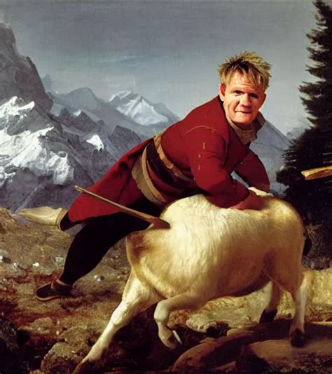 Gordon Ramsay Crossing The Alps On A Ram Painting By Stable Diffusion