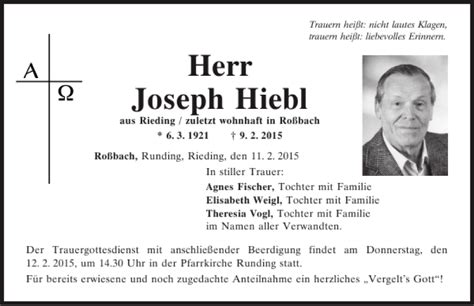 Traueranzeigen Von Joseph Hiebl Mittelbayerische Trauer