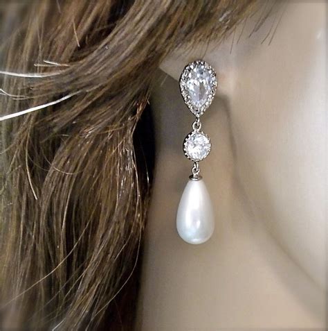 Bridal Jewelry Sterling Silver Long Pearl Drop Earrings Pearl Earrings Brides Earrings