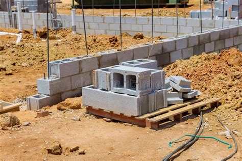 It Is Seen On A Construction Site That Cement Blocks Are Stacked Up