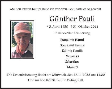 Traueranzeigen Von G Nther Pauli Trauer Merkur De