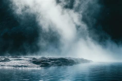 Misty Waters Create A Tranquil Atmosphere In A Secluded Hot Spring Under A Serene Twilight Sky