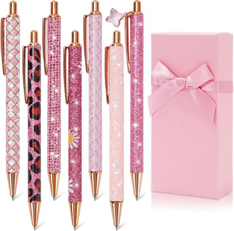 Whaline 7 Pcs Sparkly Glitter Ballpoint Pens Pink Metal