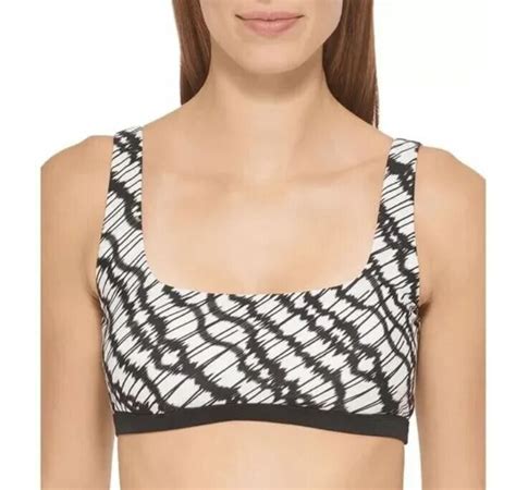 MSRP 68 Dkny Womens Printed Square Neck Bikini Top Black White Size