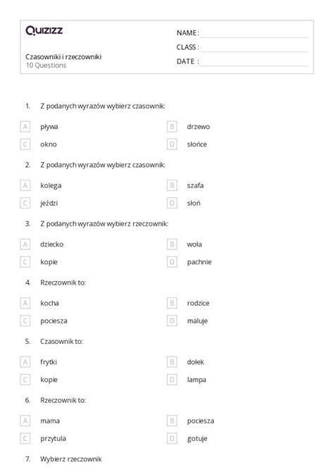 Ponad Rzeczowniki Arkuszy Roboczych Dla Klasa W Quizizz Darmowe