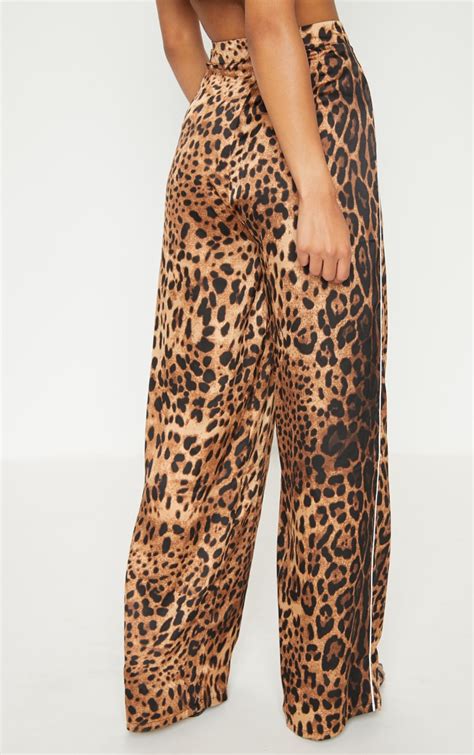 Brown Satin Leopard Print Side Binding Wide Leg Pants