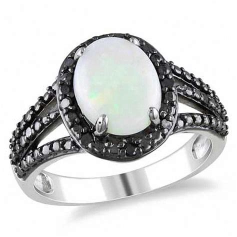 Opal And 110 Ct Tw Enhanced Black Diamond Split Shank Frame Ring In