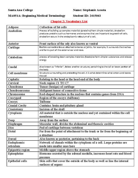 Chapter Vocabulary List Santa Ana College Name Stephanie Acosta