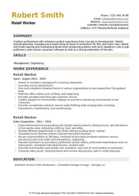 Retail Worker Resume Samples QwikResume