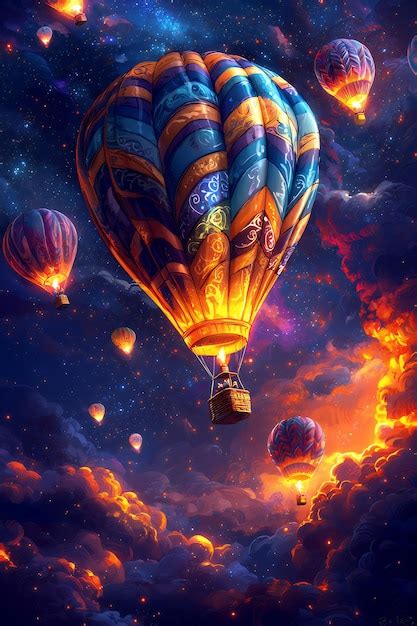Colorful Hot Air Balloons Floating Through A Starry Night Sky Premium AI Generated Image
