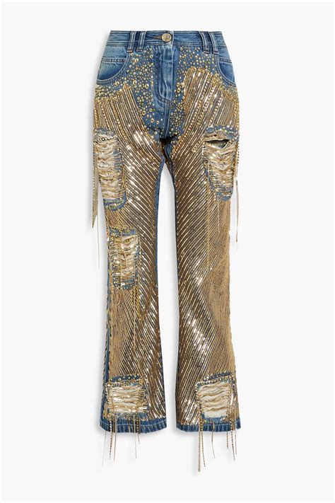 Balmain Embellished Distressed High Rise Bootcut Jeans In Mid Denim