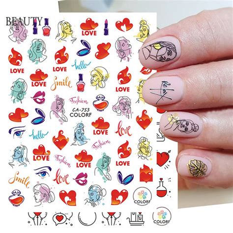 3d Valentine Nail Art Design Abstract Face Red Lips Heart Nail Stickers