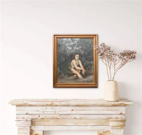 Ancien Tableau Huile Sc Ne De Genre Anim Femme Nue Rivi Re Foret Sign