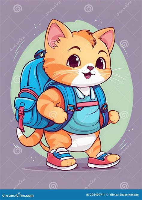 Cute Cartoon Cat With A Backpack Stock Illustration Illustration Of