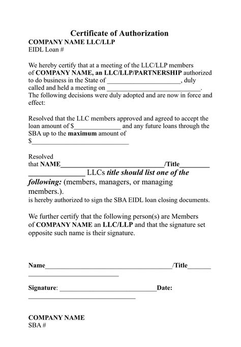 Certificate Of Authorization Board Resolution Equivalent For An Llc