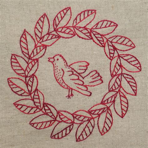 Free Hand Embroidery Patterns Laurel Wreath With Bird Redwork Pattern