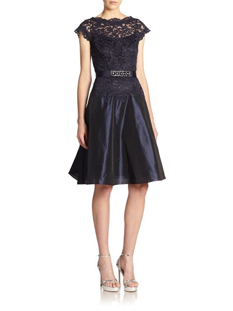 Teri Jon Lace And Taffeta Belted Dress In Navy Blue Lyst