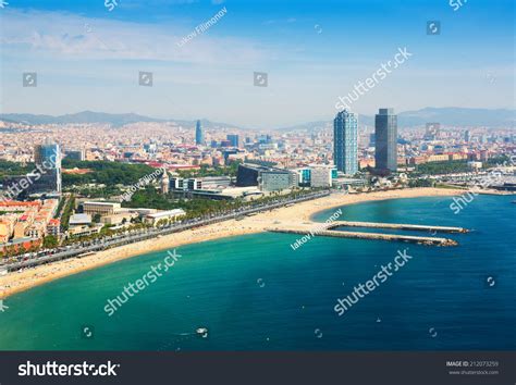 Aerial View Barcelona Mediterranean Barceloneta Beach Stock Photo