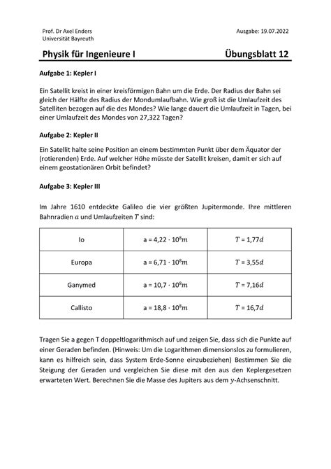 Bungsblatt Physik F R Ingenieure Prof Dr Axel Enders Ausgabe