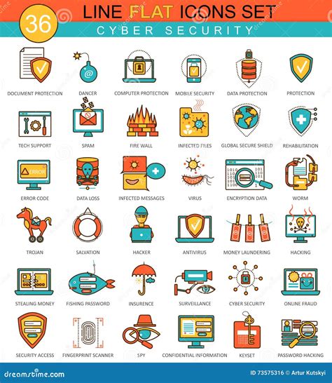 Vector Cyber Security Flat Line Icon Set Modern Elegant Style Design