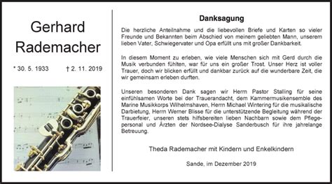 Traueranzeigen Von Gerhard Rademacher Nordwest Trauer De