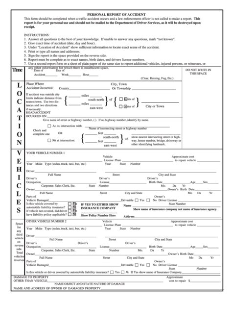 Personal Report Of Accident Form Printable Pdf Download