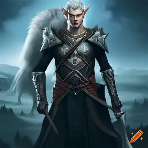 Silver Haired Male Elf Warrior With A Sword And Wolf Cloak In A