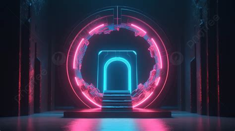 Sci Fi Portal Illuminated By Pink And Blue Neon Lights In 3d Rendering