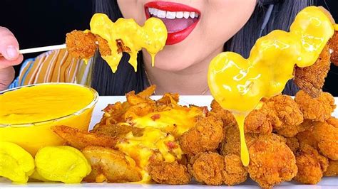 Asmr Spicy Cheesy Fried Popcorn Chicken Cheesy Potato Wedges Eating