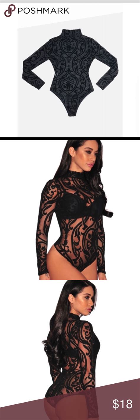 Black Sheer Mesh Print Bodysuit Nwt Print Bodysuit Long Sleeve