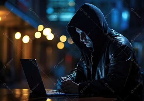 Hacker Capuz Preto Trabalhando No Laptop No Quarto Escuro Perigo