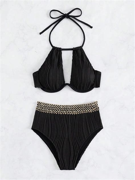 Black Textured And Gold Stitch Detail Halter Underwire Bikini Set Lagoonlab